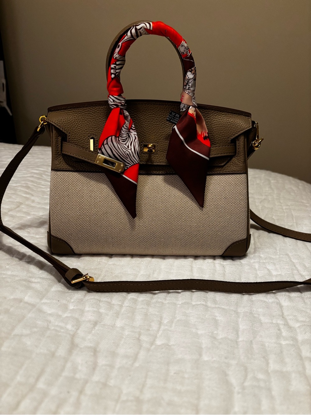 Taupe and Beige Structured Top-Handle Bag - Picture 3 of 4